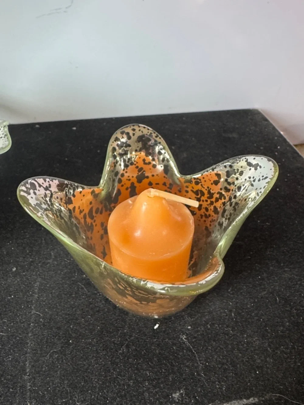 Vintage 2 piece Petal Glass Votive Candle Holder: Silver Splatter Paint Diameter